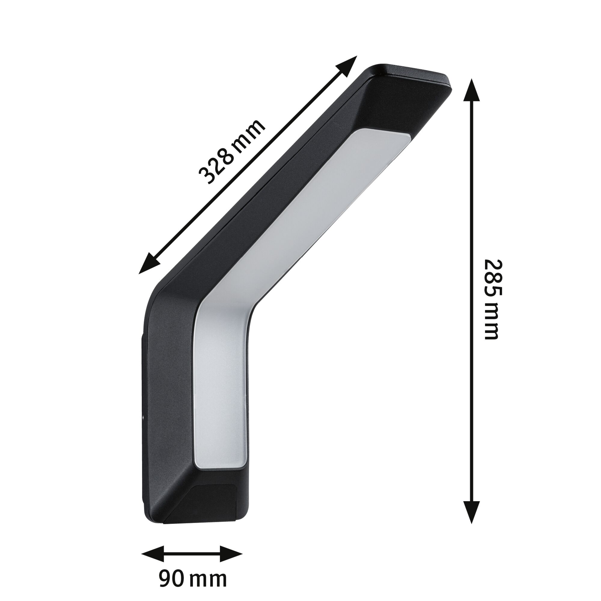 Sort LED-væglampe med hvid diffuser, mål 328x285x90 mm, moderne indendørs belysning