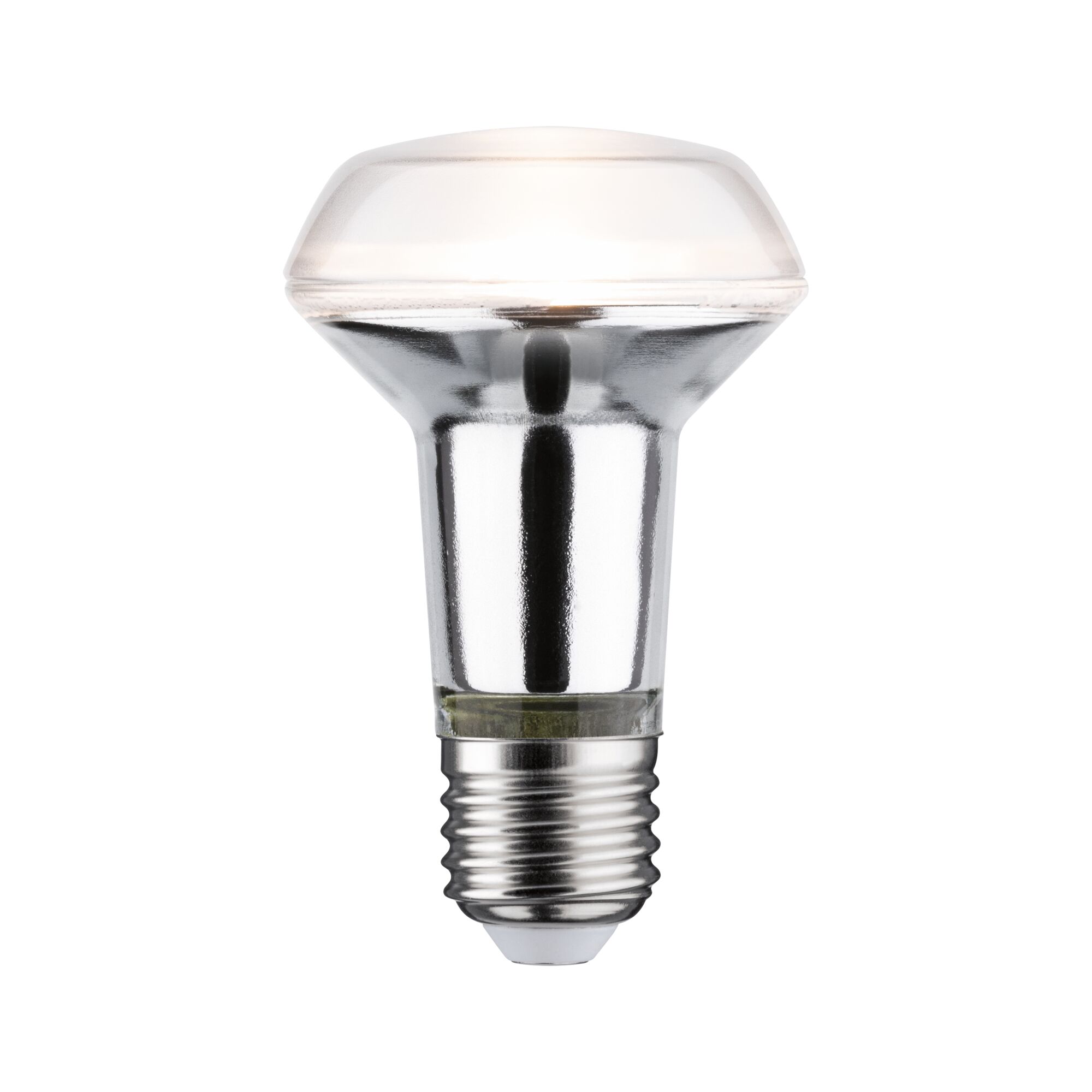 Reflektierende LED-Lampe mit E27-Fassung in Silber und transparentem Glas für energiesparende Beleuchtung