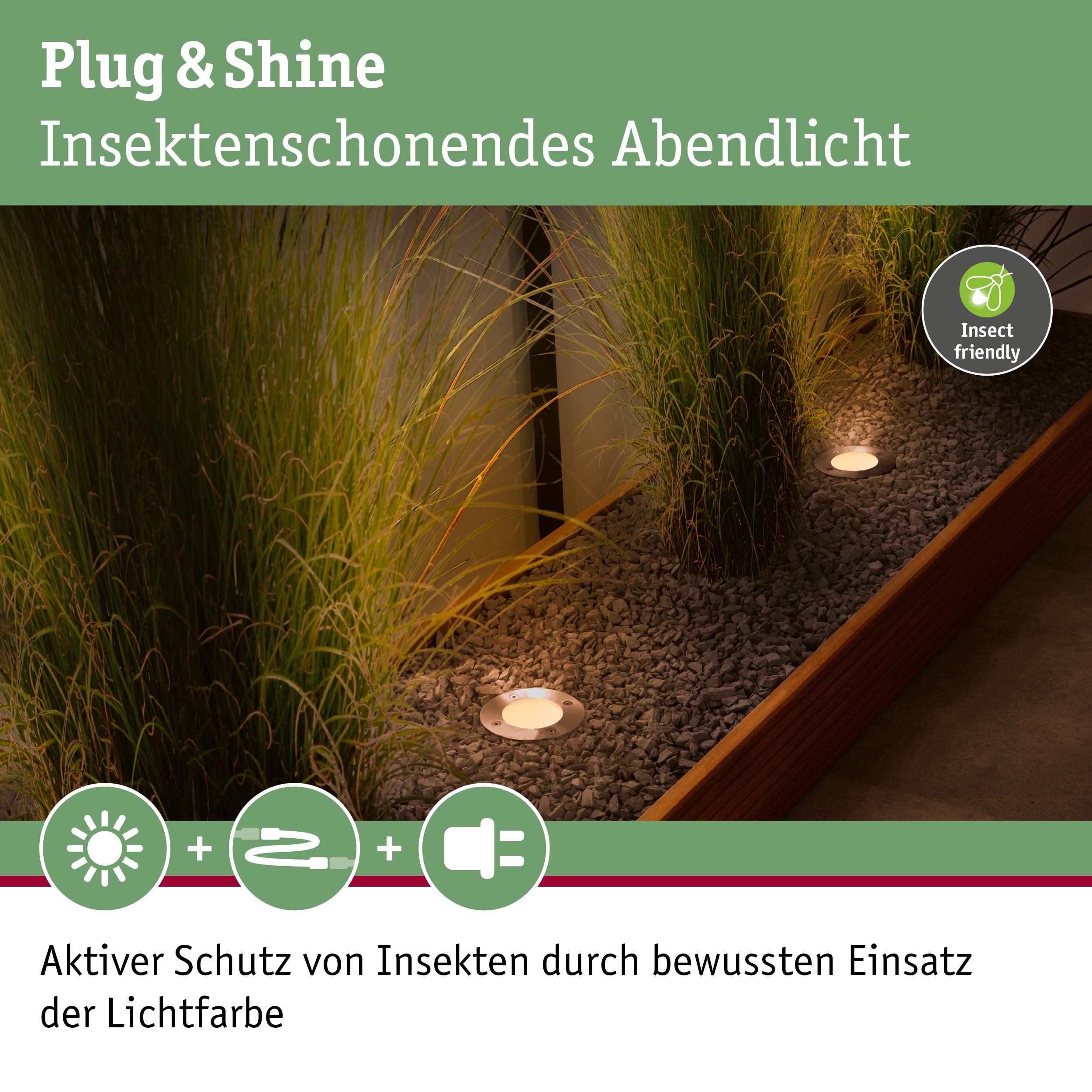 Plug & Shine LED-Einbauleuchten in warmweiß mit insektenfreundlicher Lichtfarbe im Gartenbeet