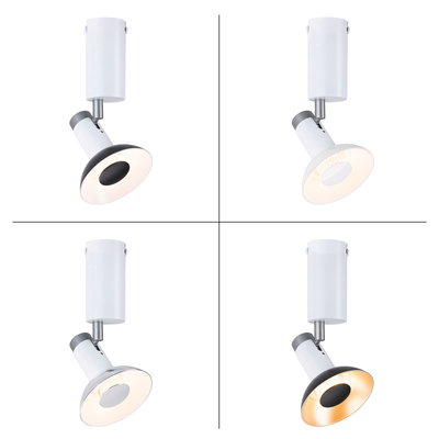 Four white LED ceiling spotlights with adjustable heads and black or silver reflectors for accent lighting