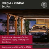 SimLED Outdoor 5m LED-Lichtstreifen in warmweiß unter Holzdach über geparktem Auto, IP65 geschützt
