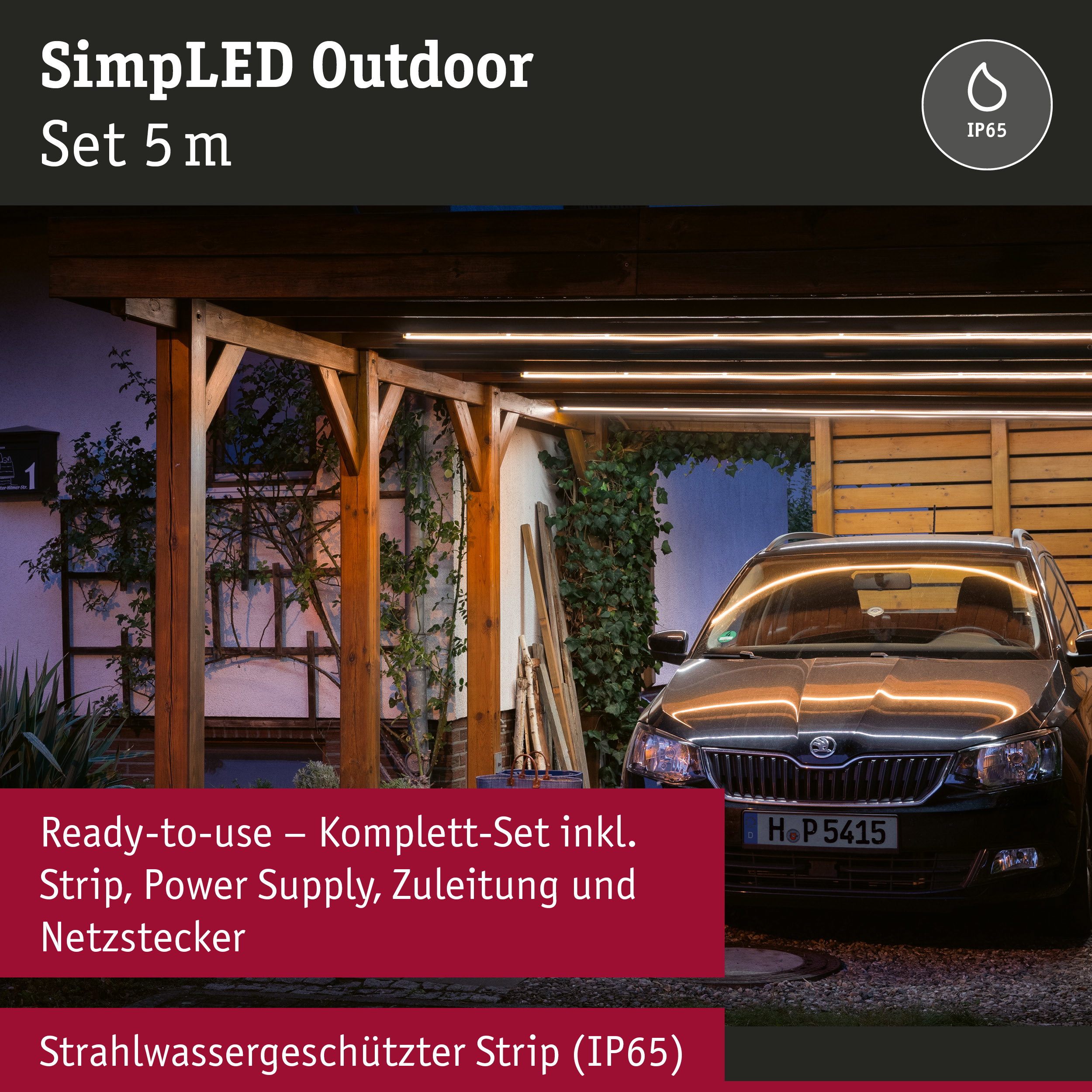 Outdoor LED-Lichtstreifen Set 5 m mit IP65 Schutz, montiert unter Holzdach über geparktem Auto