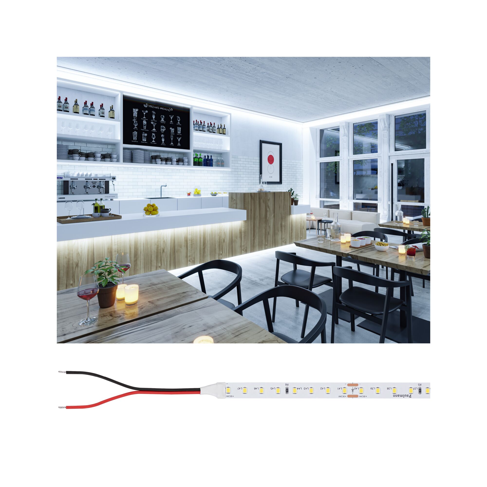 Pro Strip Strip LED Silver P75 865 10m 42W 750lm/m 96 LEDs/m 6500K Bande LED à lumière blanche chaude dans un bar moderne avec comptoir en bois et chaises noires