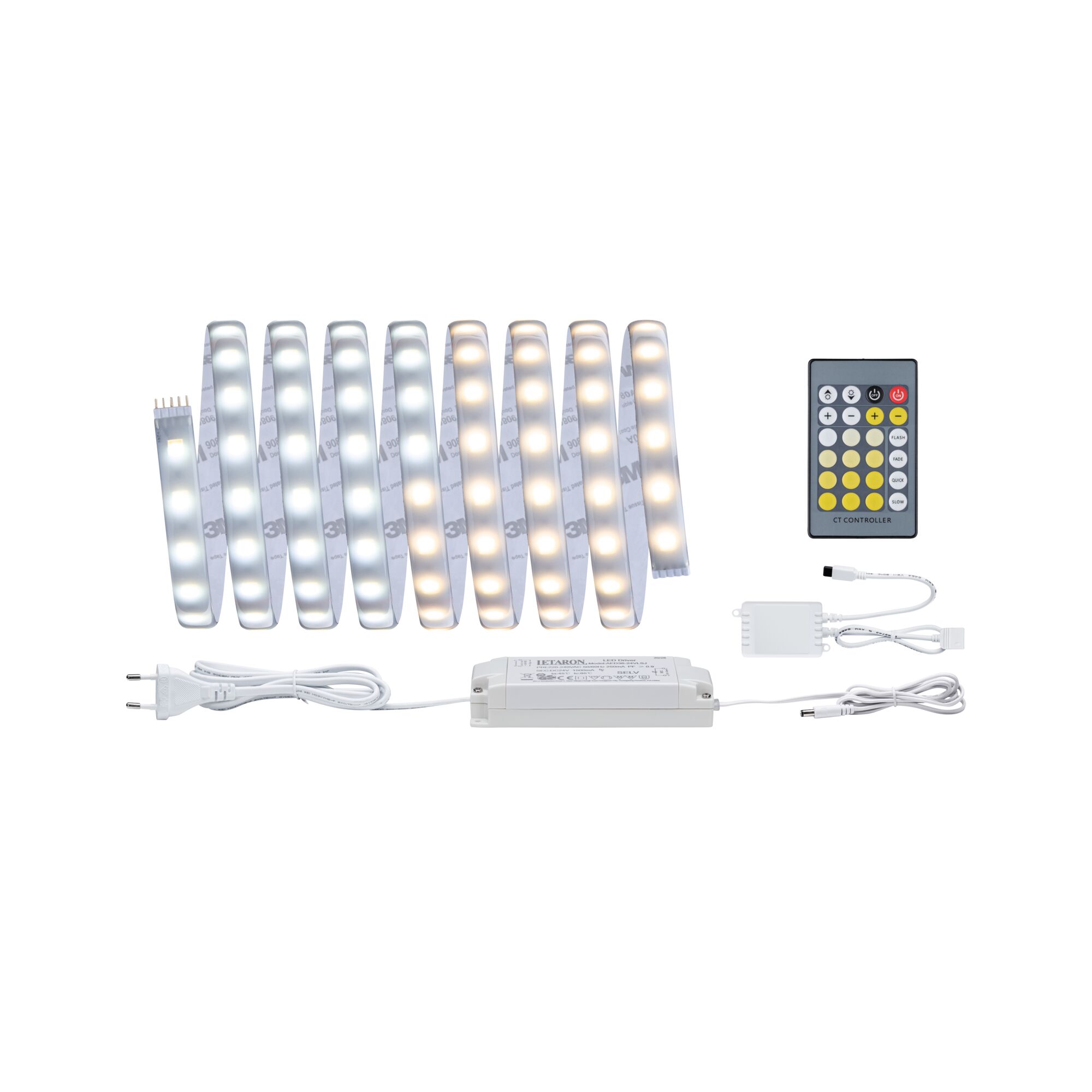 LED-lichtstrip met warmwitte en koelwitte LEDs, voeding en afstandsbediening voor instelbare verlichting