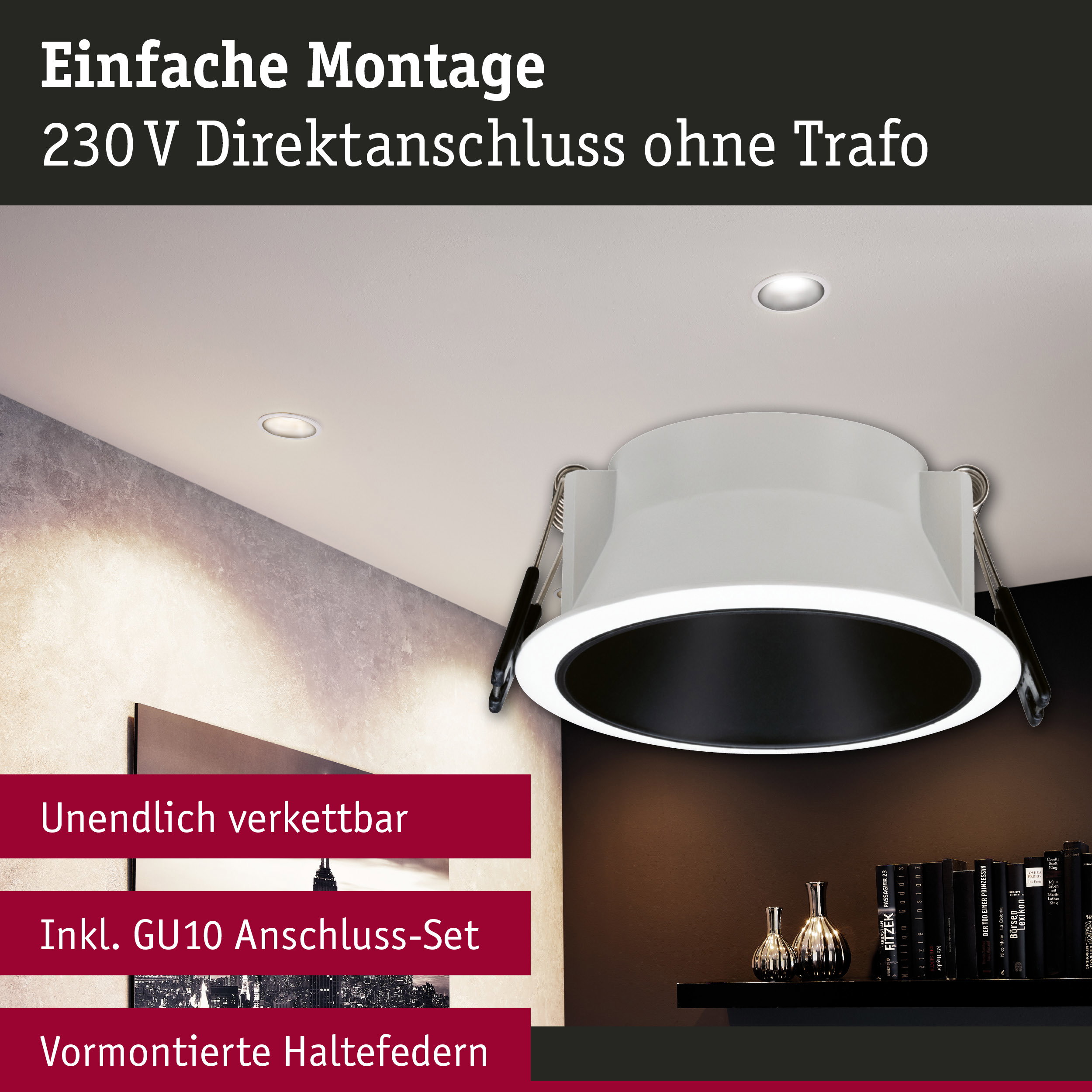 Weißer Einbaustrahler mit schwarzem Innenring und vormontierten Haltefedern für 230V Direktanschluss