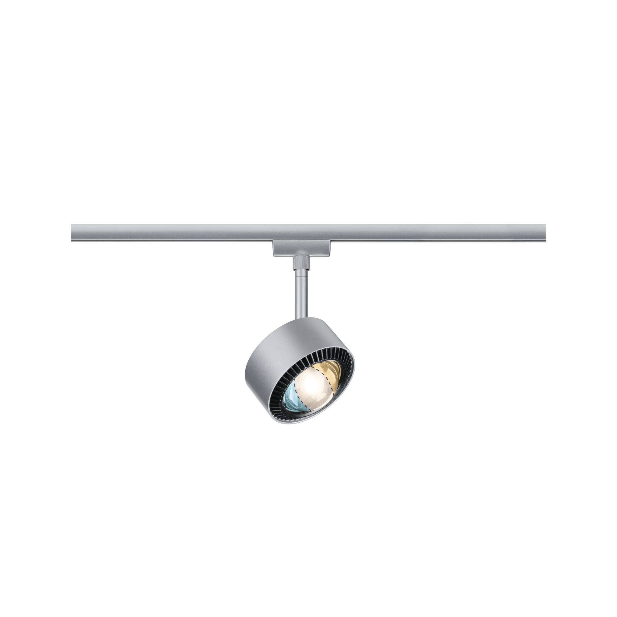 Moderner silberner LED-Strahler aus Metall an Schienensystem für flexible Raumbeleuchtung