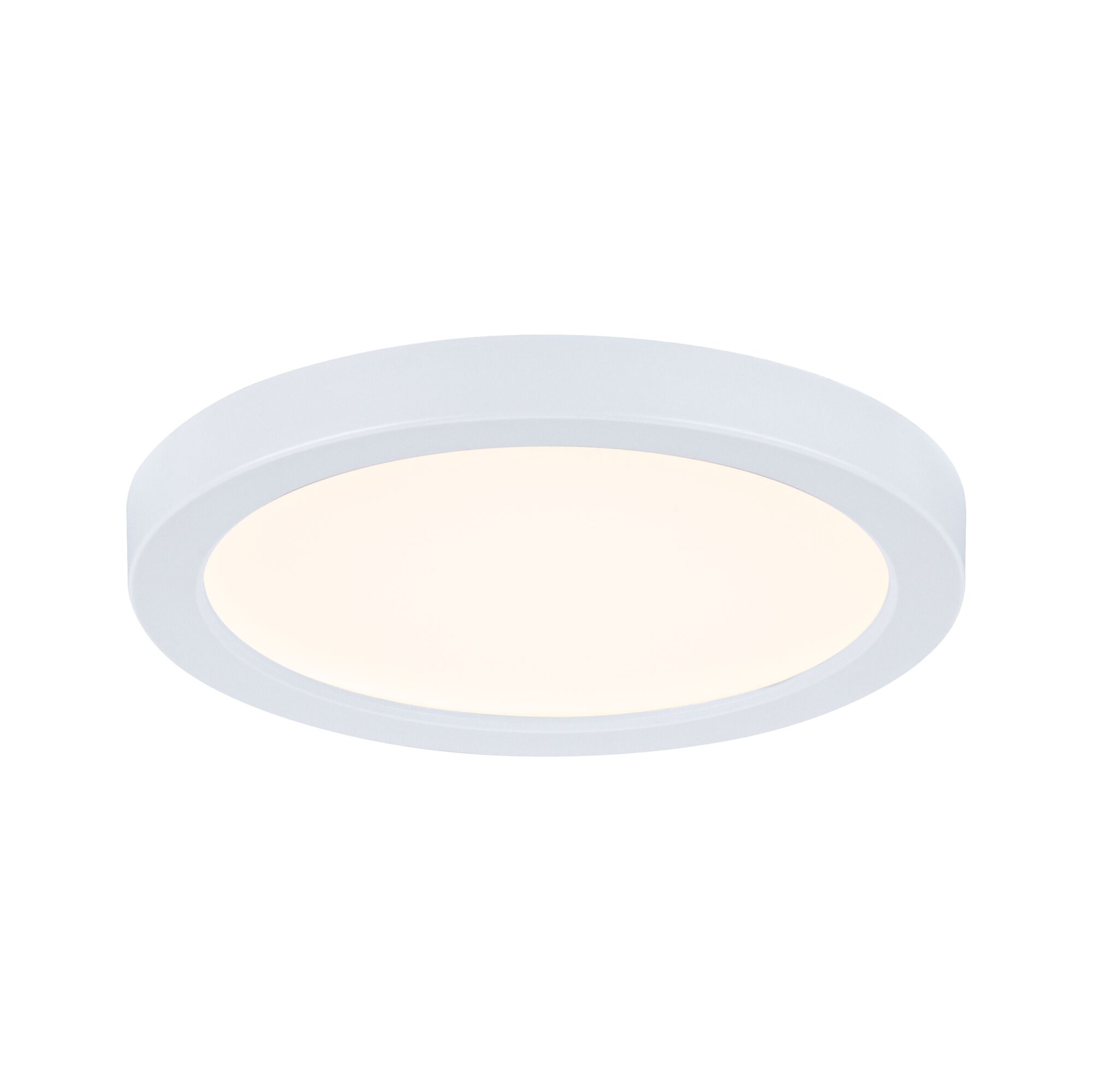 Round white LED ceiling light made of plastic with warm white light for living spaces