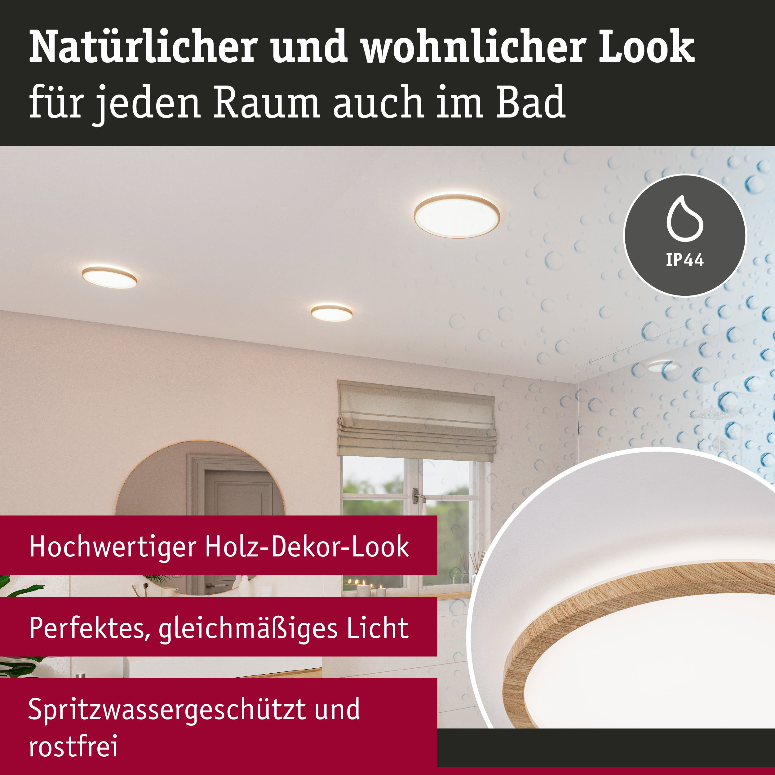 Runde Deckenleuchte mit hochwertigem Holz-Dekor-Look, spritzwassergeschützt und rostfrei für Badezimmer.