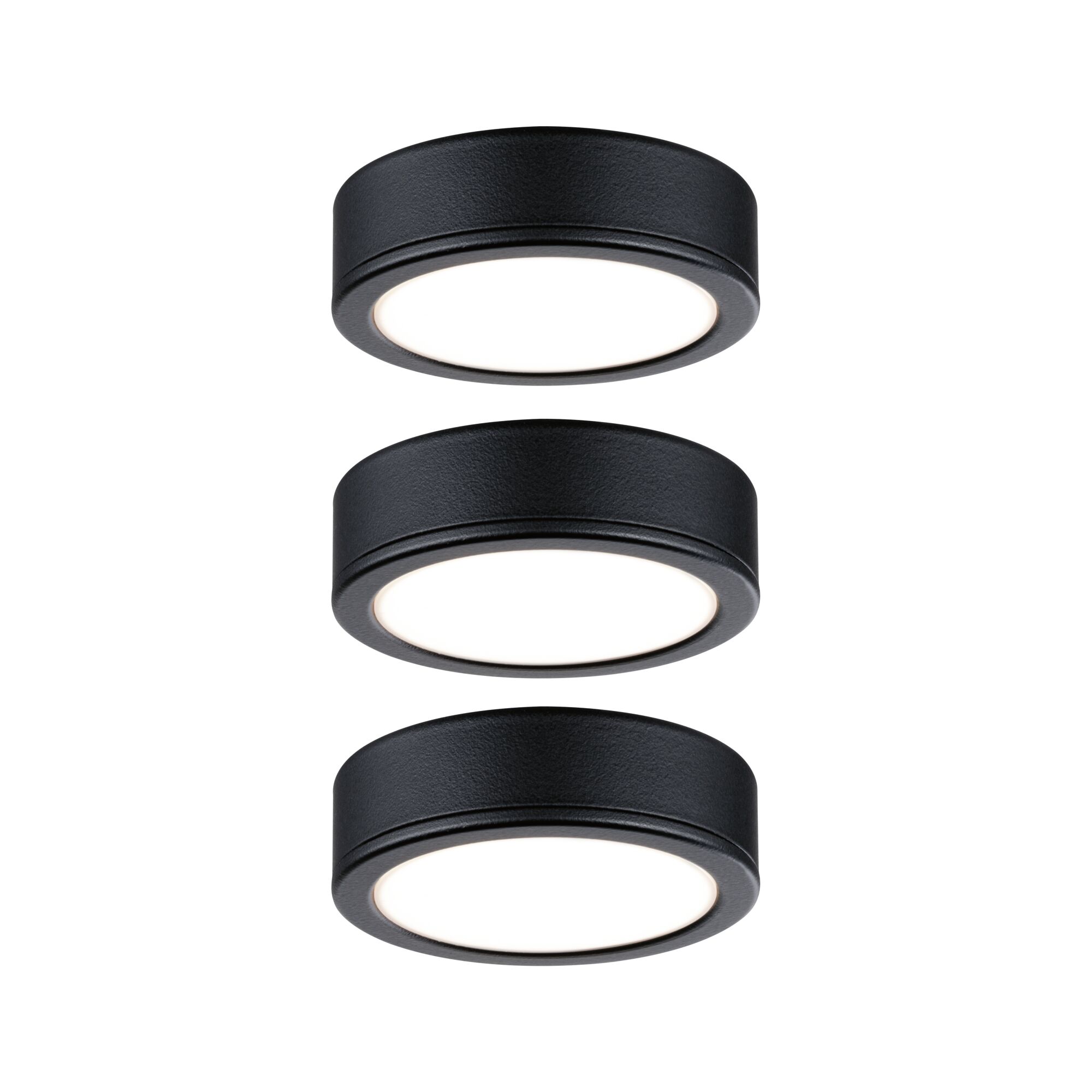 Trois plafonniers LED ronds noirs mats avec diffuseur blanc pour éclairage intérieur moderne