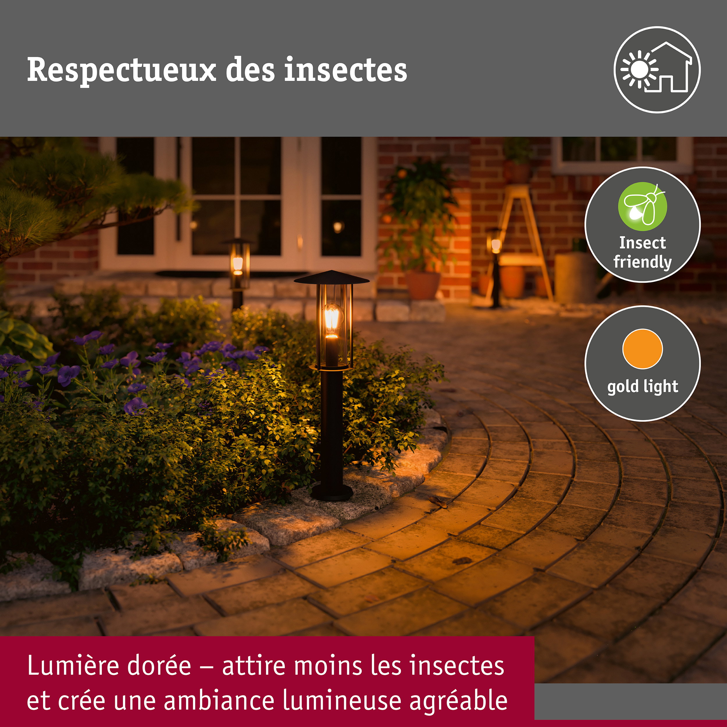 Borne lumineuse Classic favorable aux insectes IP44 500mm 2200K 4,3W 420lm 230V Noir E27 Métal