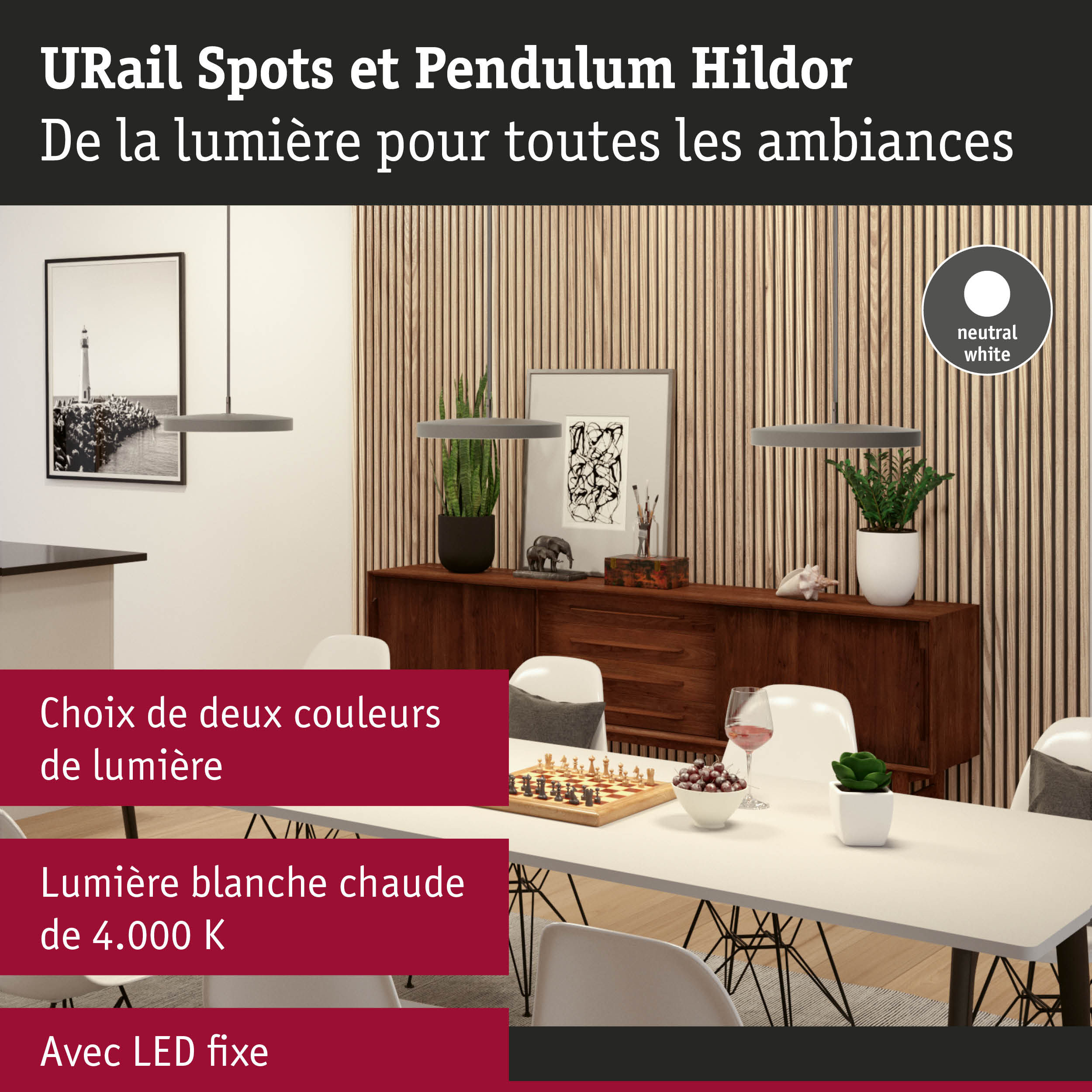 Suspensions modernes grises avec lumière LED blanc neutre au-dessus de la table dans une salle à manger élégante