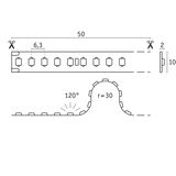 Schéma technique d’une bande LED de 50 cm de long et 10 mm de large avec marques de coupe.