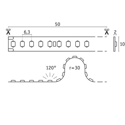 Technische tekening van LED-strip van 50 cm lang en 10 mm breed met knipmarkeringen.