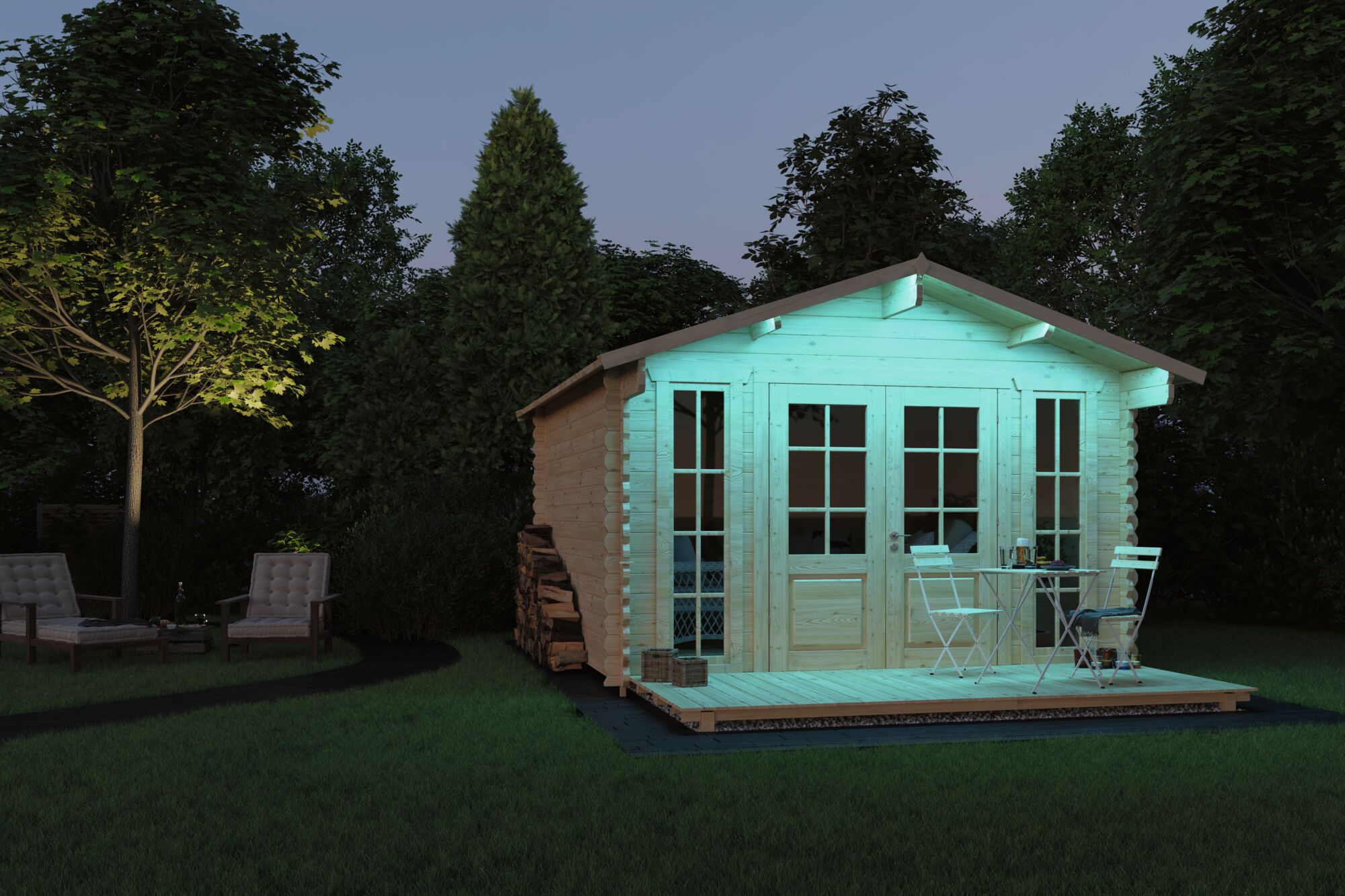 Holz-Gartenhaus mit großer Terrasse und weißem Metalltisch, beleuchtet mit grünem LED-Außenlicht.
