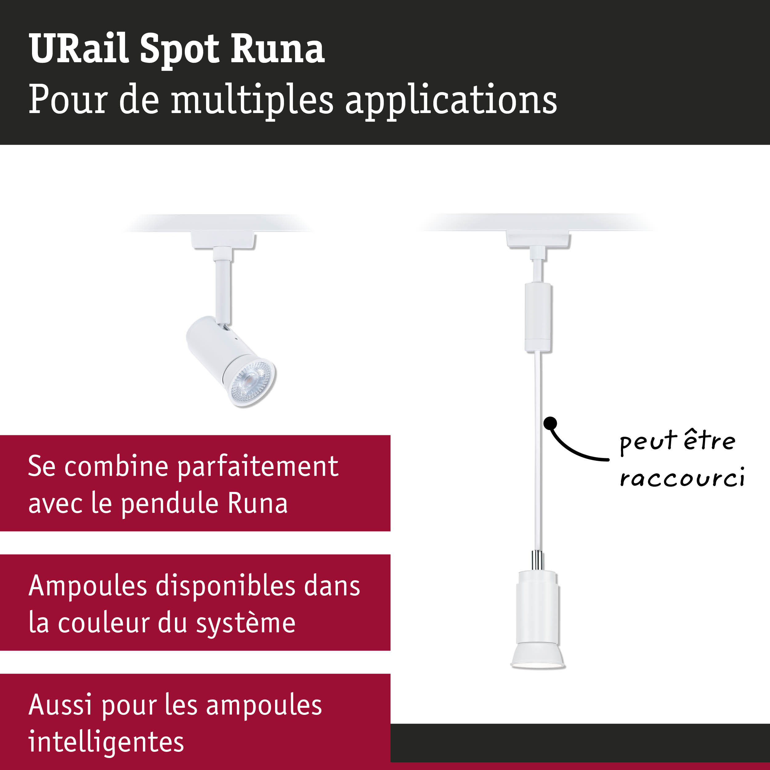 Spot URail Runa blanc en métal pour applications d'éclairage multiples