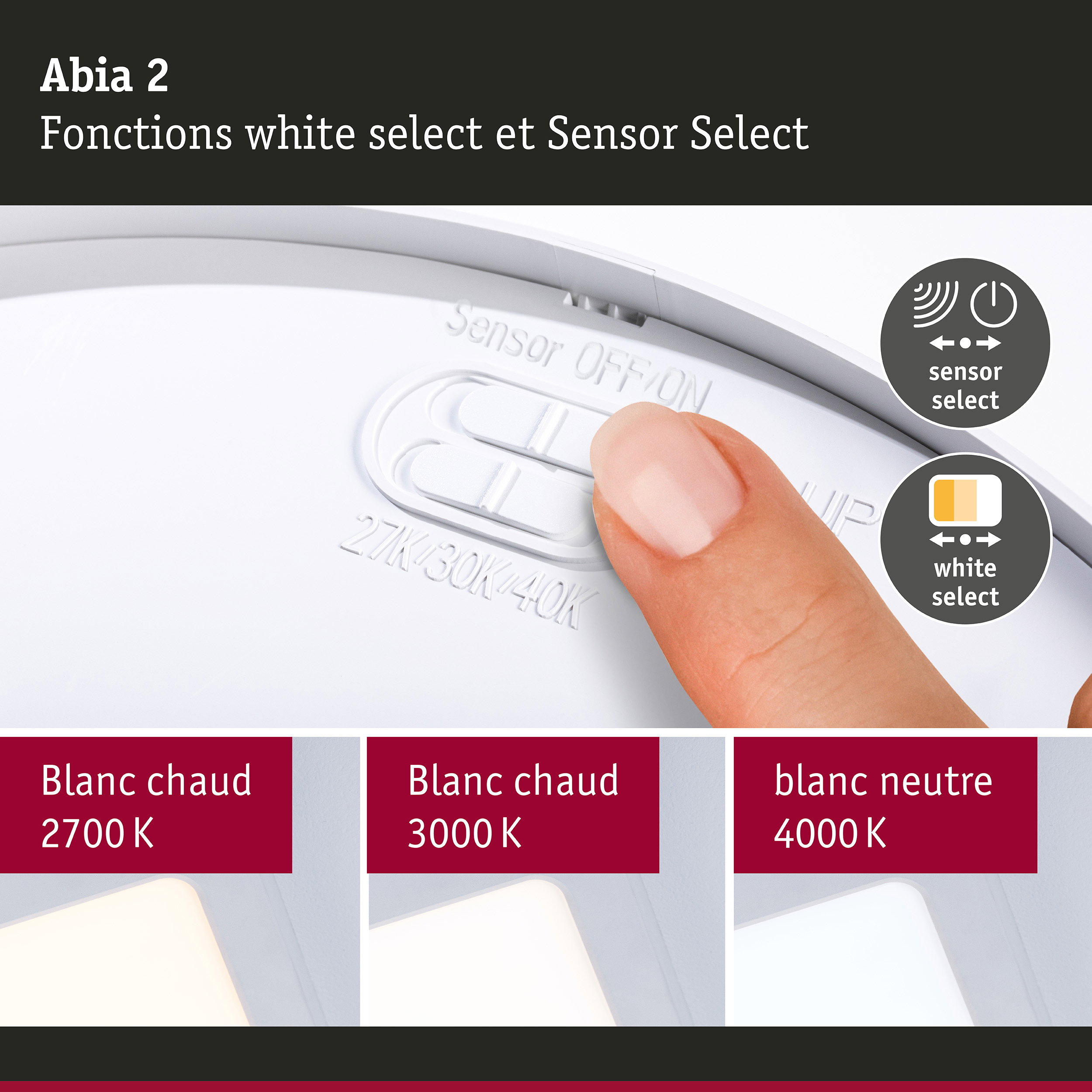 Panneau LED Abia 2 White Select Détecteur de mouvement crépusculaire (HF) carré 170x170mm 9,5W 1100lm White Select Blanc