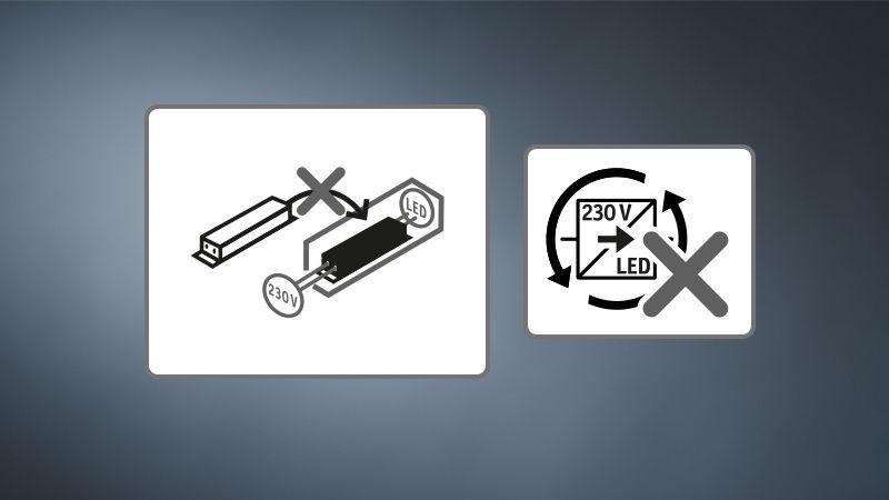 Icon indicating non-replaceable LED control gear for 230V power supply.