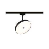 Black LED track light with round white diffuser for modern indoor lighting solutions