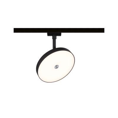 Black LED track light with round white diffuser for modern indoor lighting solutions