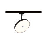 Black LED track light with round white diffuser for modern indoor lighting solutions
