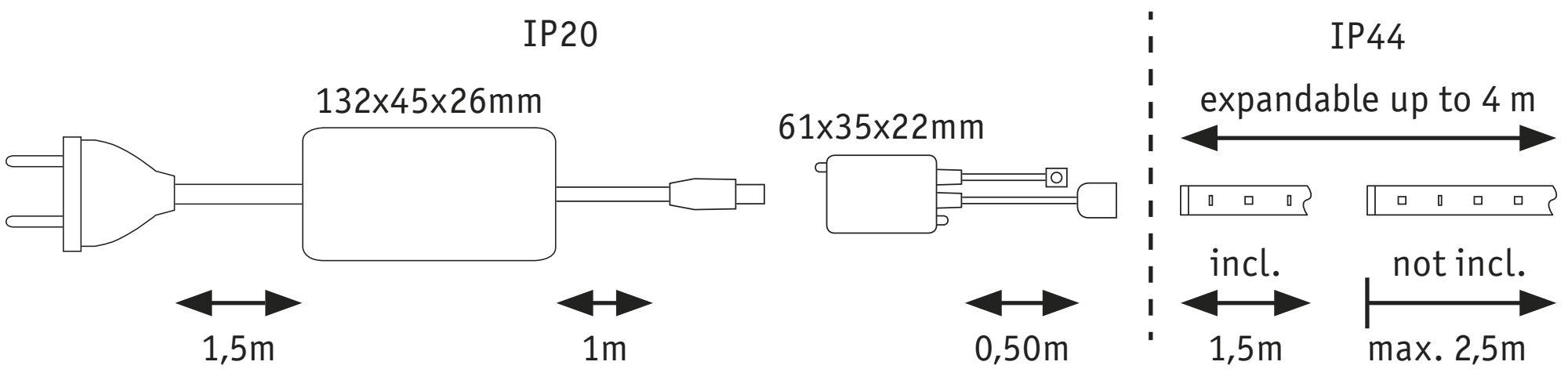 Technical drawing of power supply with dimensions, IP20 and IP44 ratings, cable expandable up to 4 meters.