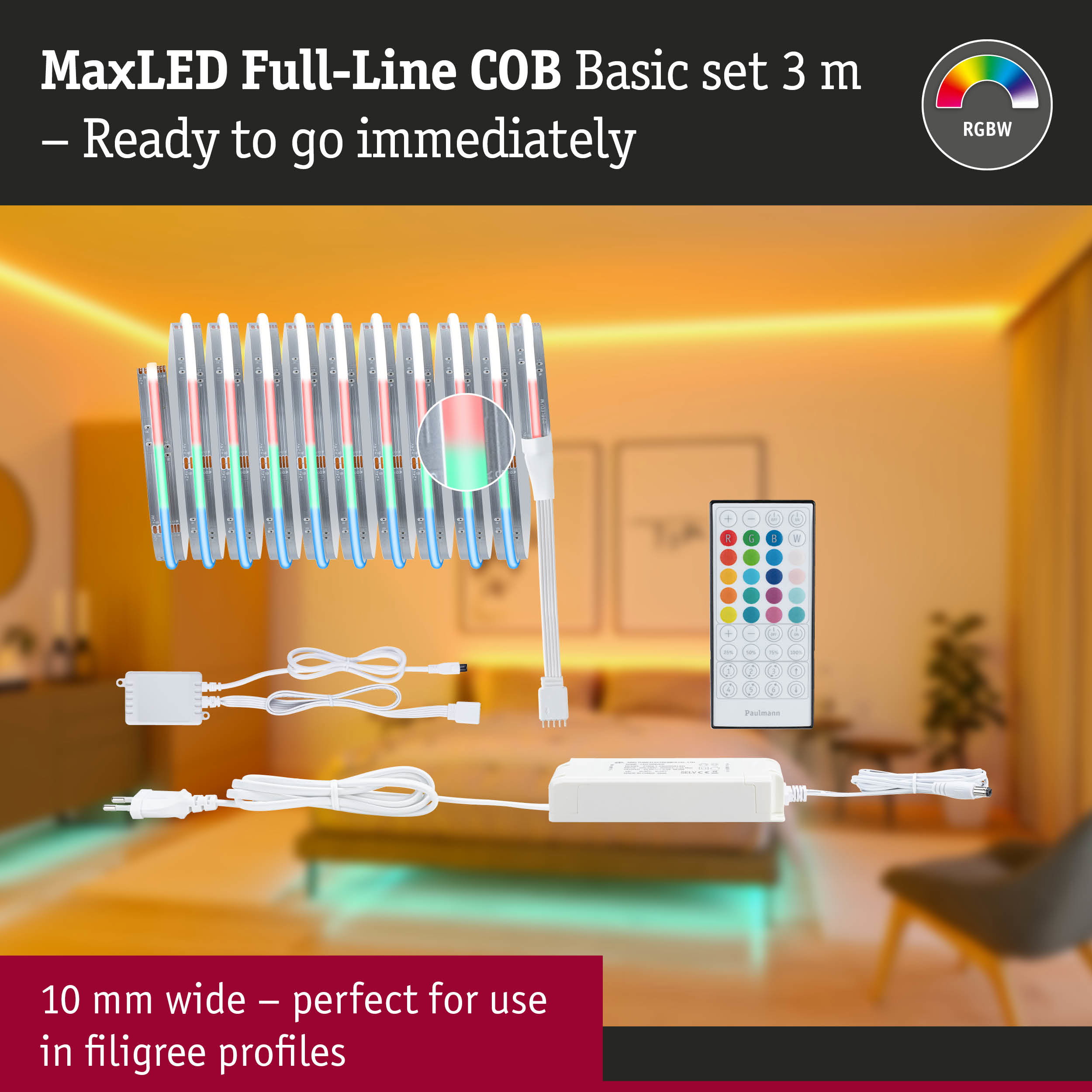 MaxLED Full-Line COB 3m LED light set with remote and power supply for RGBW color changing