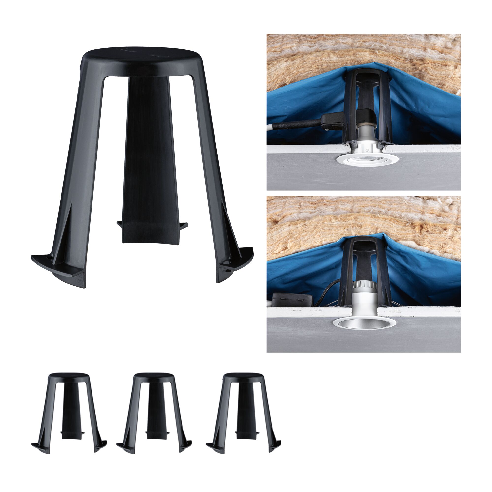 Accessoires pour spots encastrés Entretoises pour luminaires encastrés 62 - 90mm Kit de 3 Noir Support de plafond noir en plastique pour spots encastrés, aide de montage pour LED en lot.