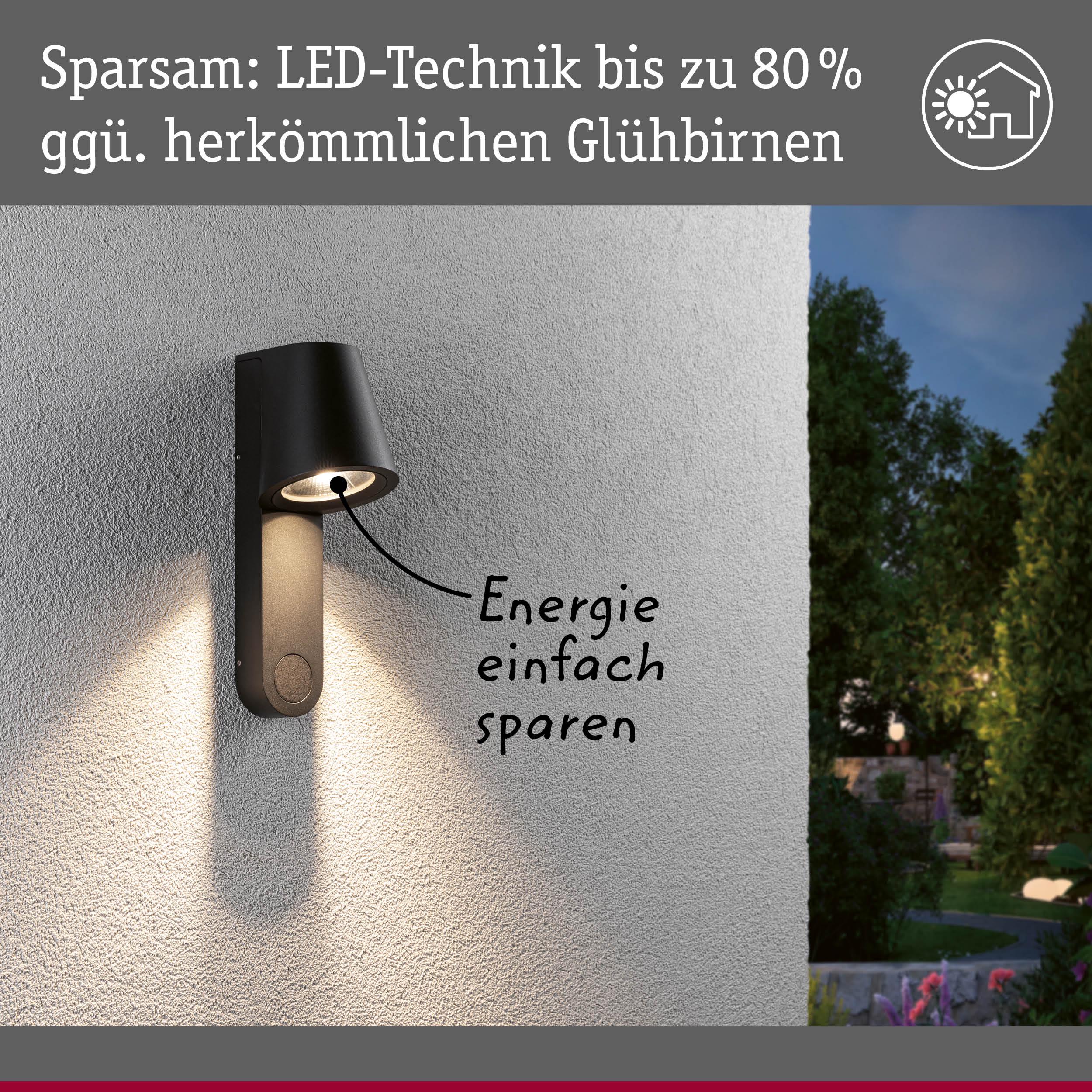 Schwarze LED-Außenwandleuchte aus Metall mit energiesparender Beleuchtung an weißer Wand im Garten