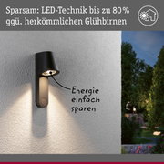 Schwarze LED-Außenwandleuchte an grauer Wand mit energiesparender Beleuchtung und Gartenblick
