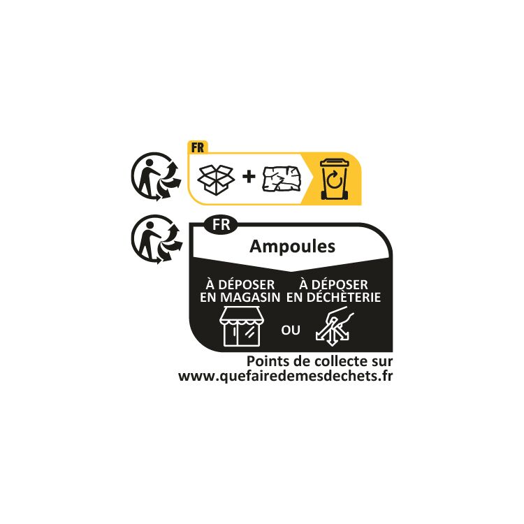 Instructions de tri pour ampoules à déposer en magasin ou en déchèterie avec symboles de recyclage.