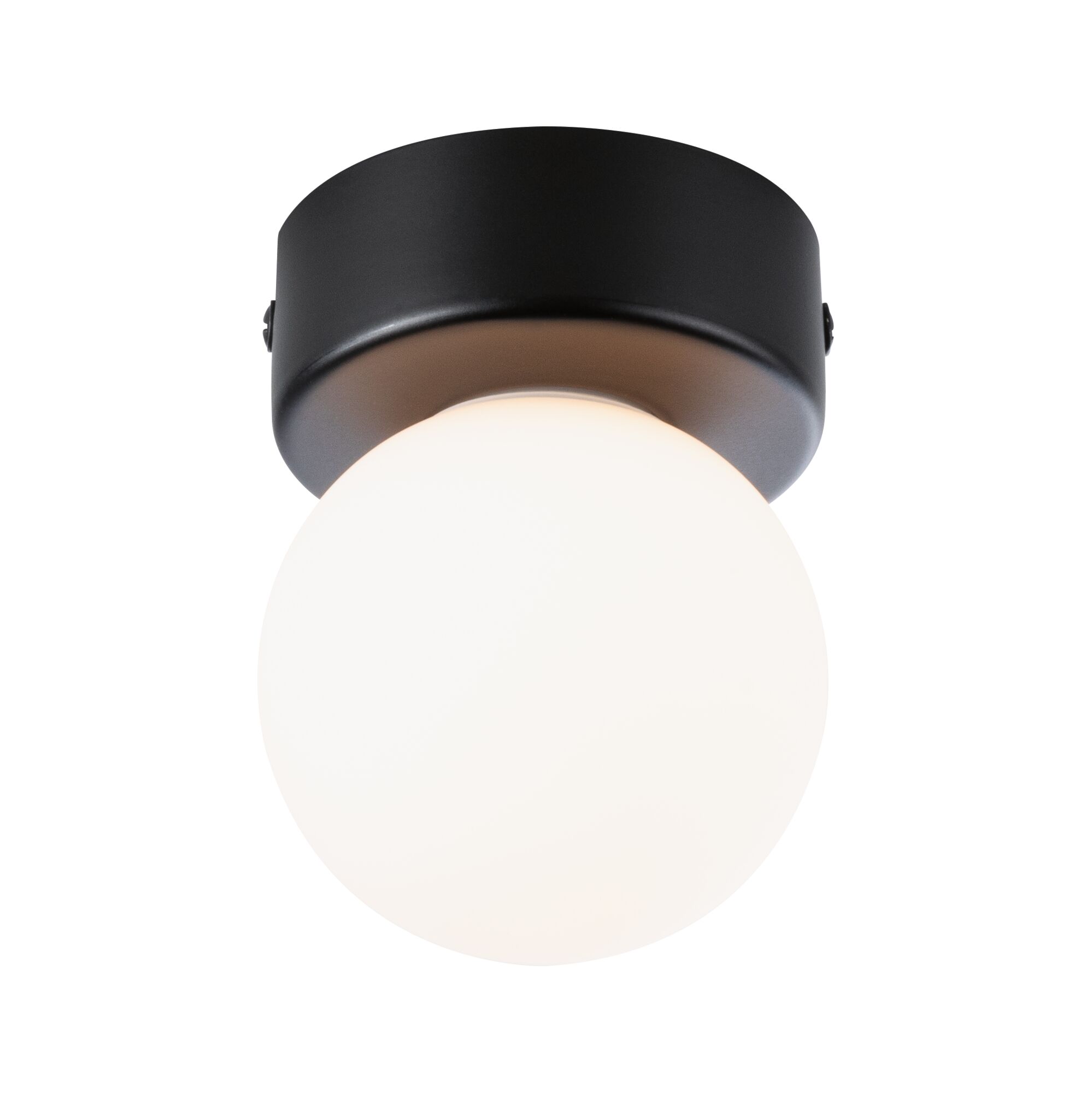 Rund loftlampe med sort metalfod og hvid glasdiffuser til moderne belysning