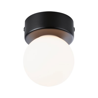 Round ceiling light with black metal base and white glass diffuser for modern room lighting