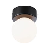 Ronde plafondlamp met zwarte metalen voet en witte glazen diffuser voor moderne verlichting