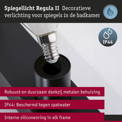 Zwarte metalen Spiegellamp Regula II met IP44 spatwaterbescherming en siliconenring voor badkamer