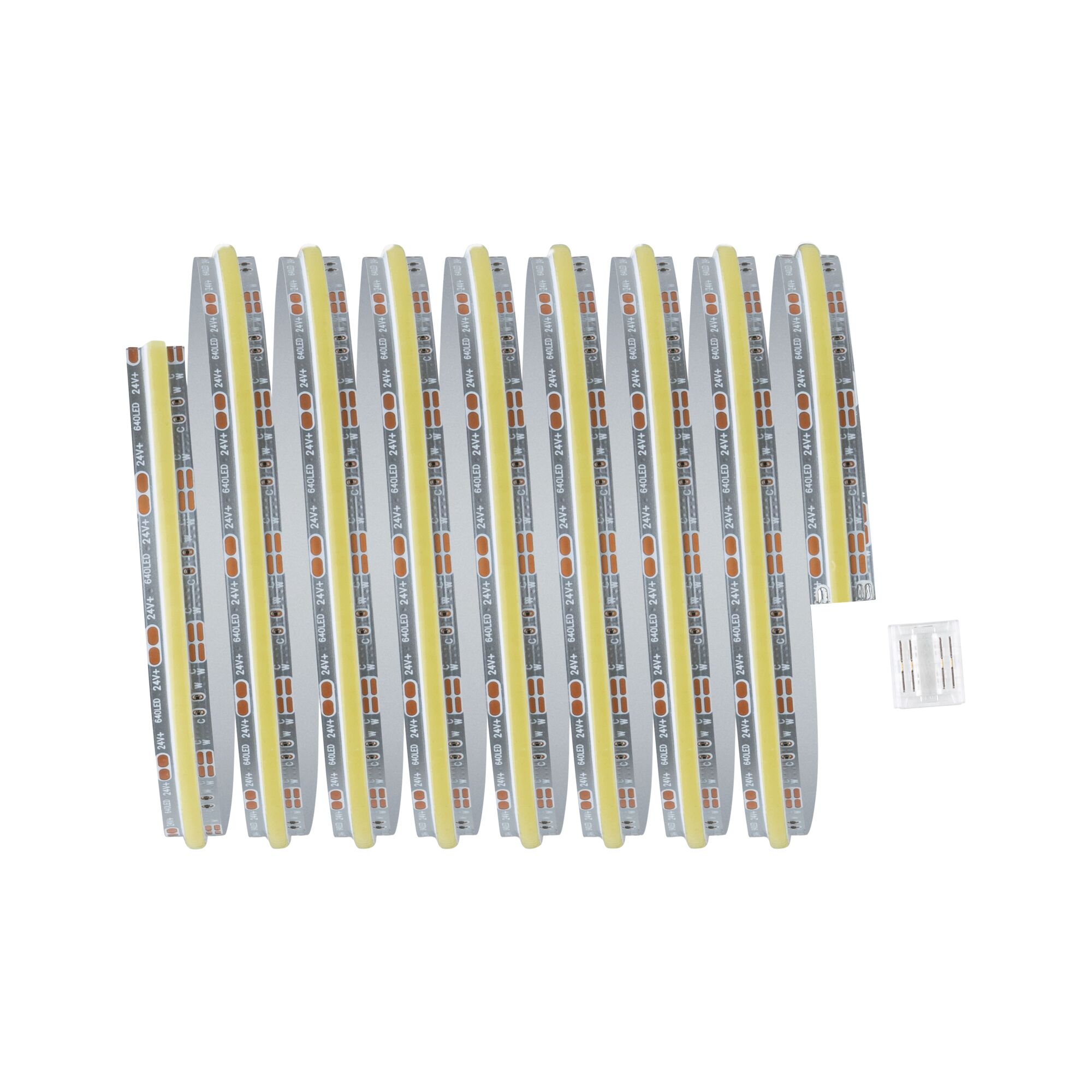 Flexibler LED-Streifen in warmweiß mit transparentem Verbinder für vielseitige Lichtakzente.