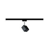 Black square metal LED spotlight on track system for adjustable lighting solutions