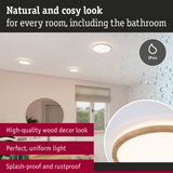 Round ceiling light with wood decor and IP44 splash-proof rating for bathroom with uniform light