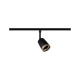 Black LED spotlight with gold trim on track system for modern indoor lighting solutions