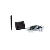 Solar-powered LED string lights with clear bulbs and black ground stake for outdoor decoration