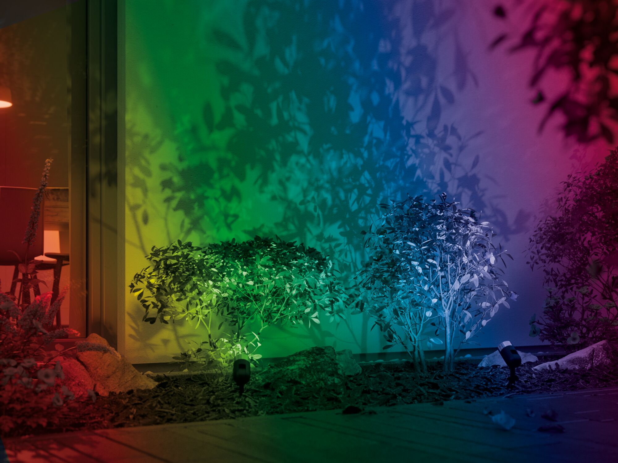 Multicolor LED garden spotlights illuminate green bushes creating colorful shadows on the wall.