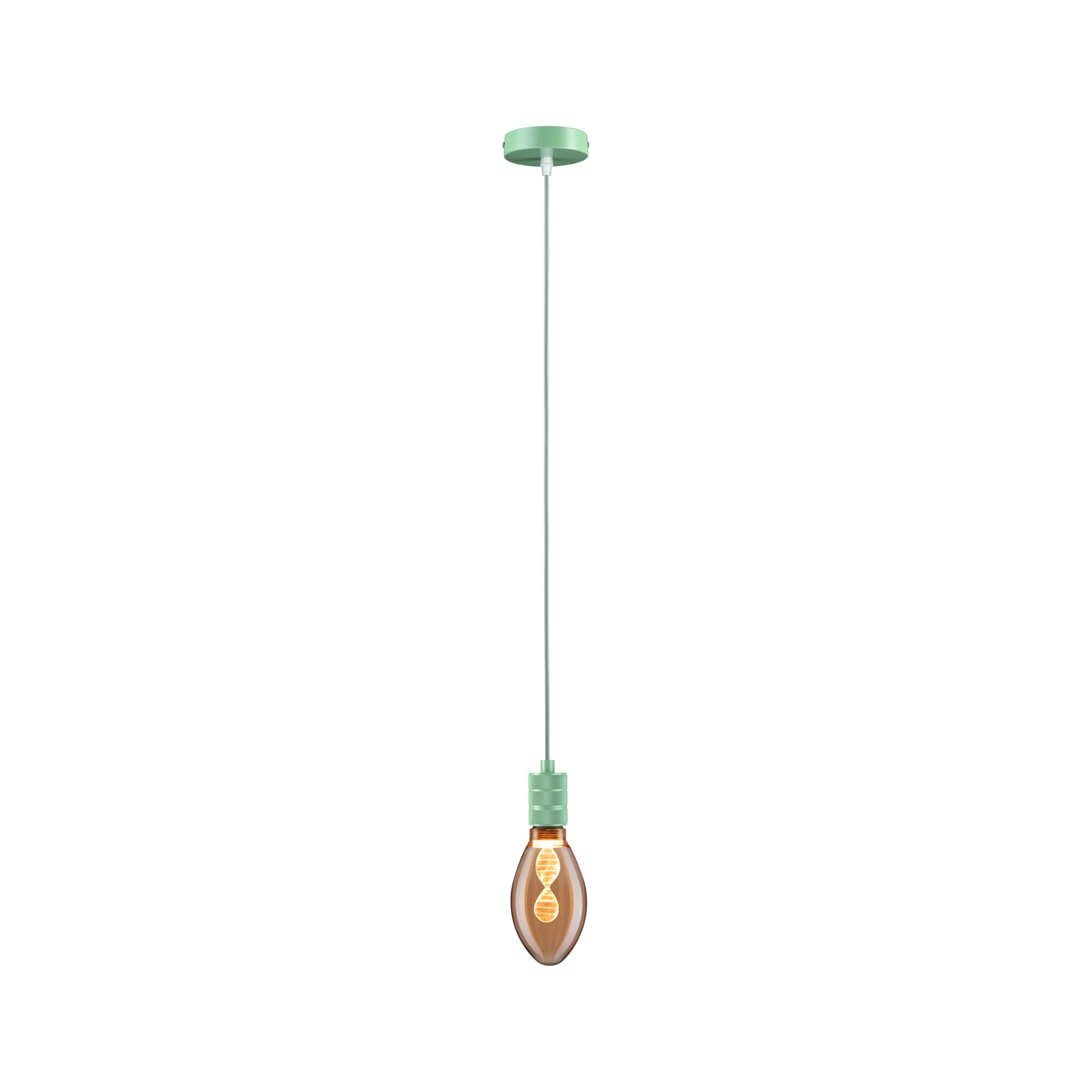 Hanglamp met groene metalen houder en bruine lamp met decoratieve LED-draad voor woonverlichting