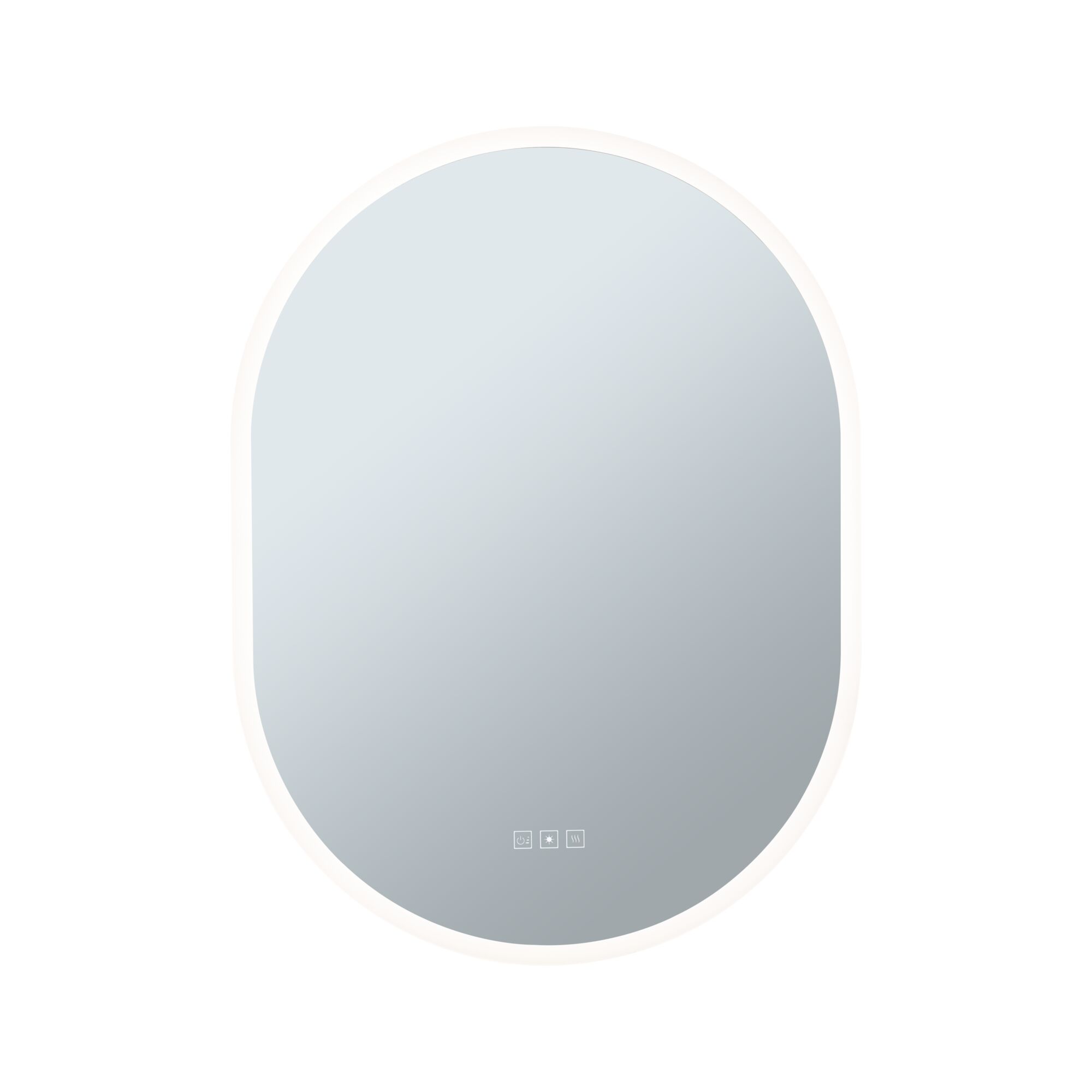 Oval LED mirror with white frame and touch controls for bathroom lighting and anti-fog feature