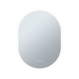 Oval LED mirror with white frame and touch controls for bathroom lighting and anti-fog feature