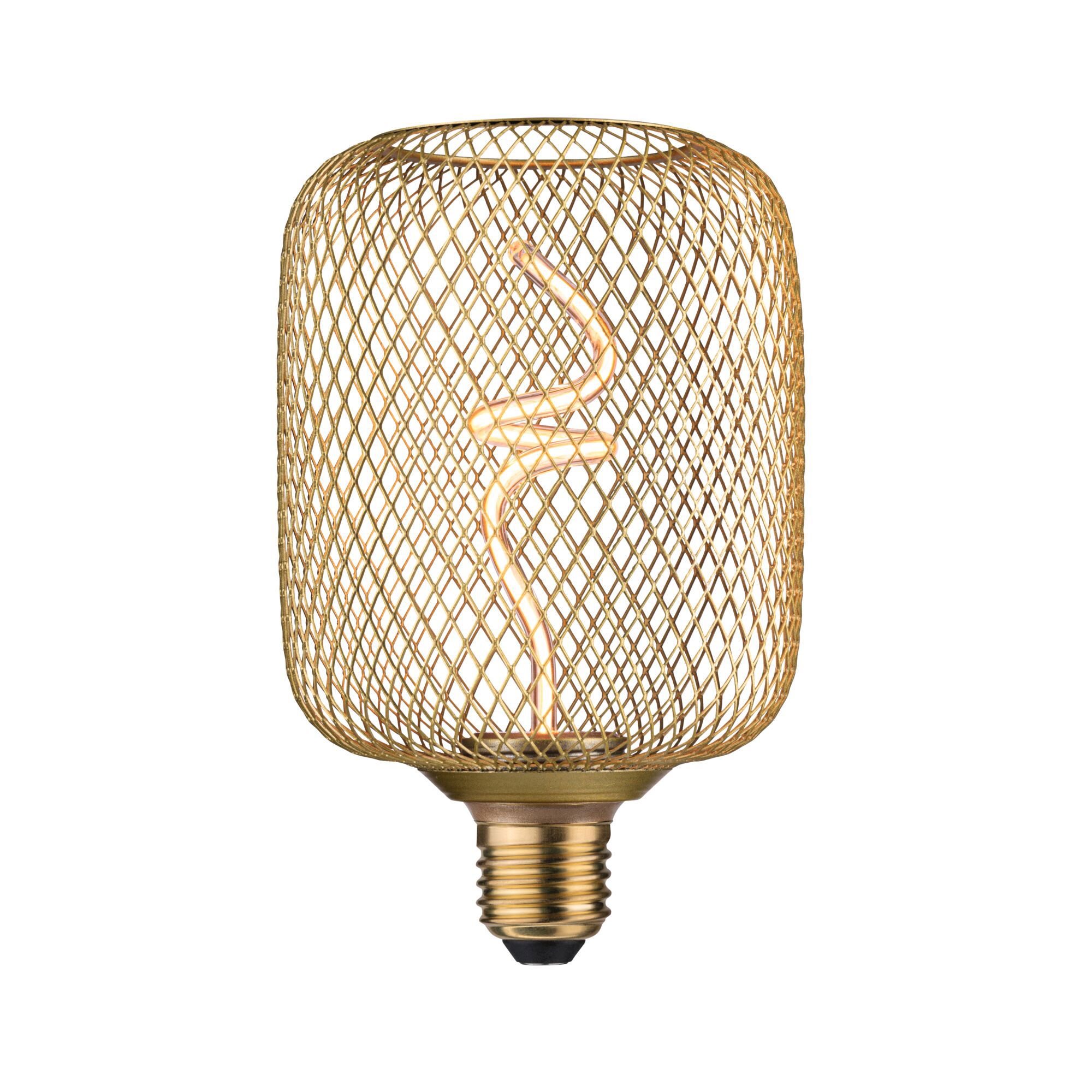 Gouden LED-lamp met decoratief draadgaas en spiraalvormige gloeidraad voor stijlvolle verlichting
