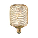 Gold LED bulb with decorative wire mesh and spiral filament for stylish lighting and home decor