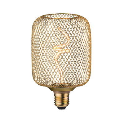 Gold LED bulb with decorative wire mesh and spiral filament for stylish lighting and home decor