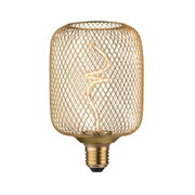 Gold LED bulb with decorative wire mesh and spiral filament for stylish lighting and home decor