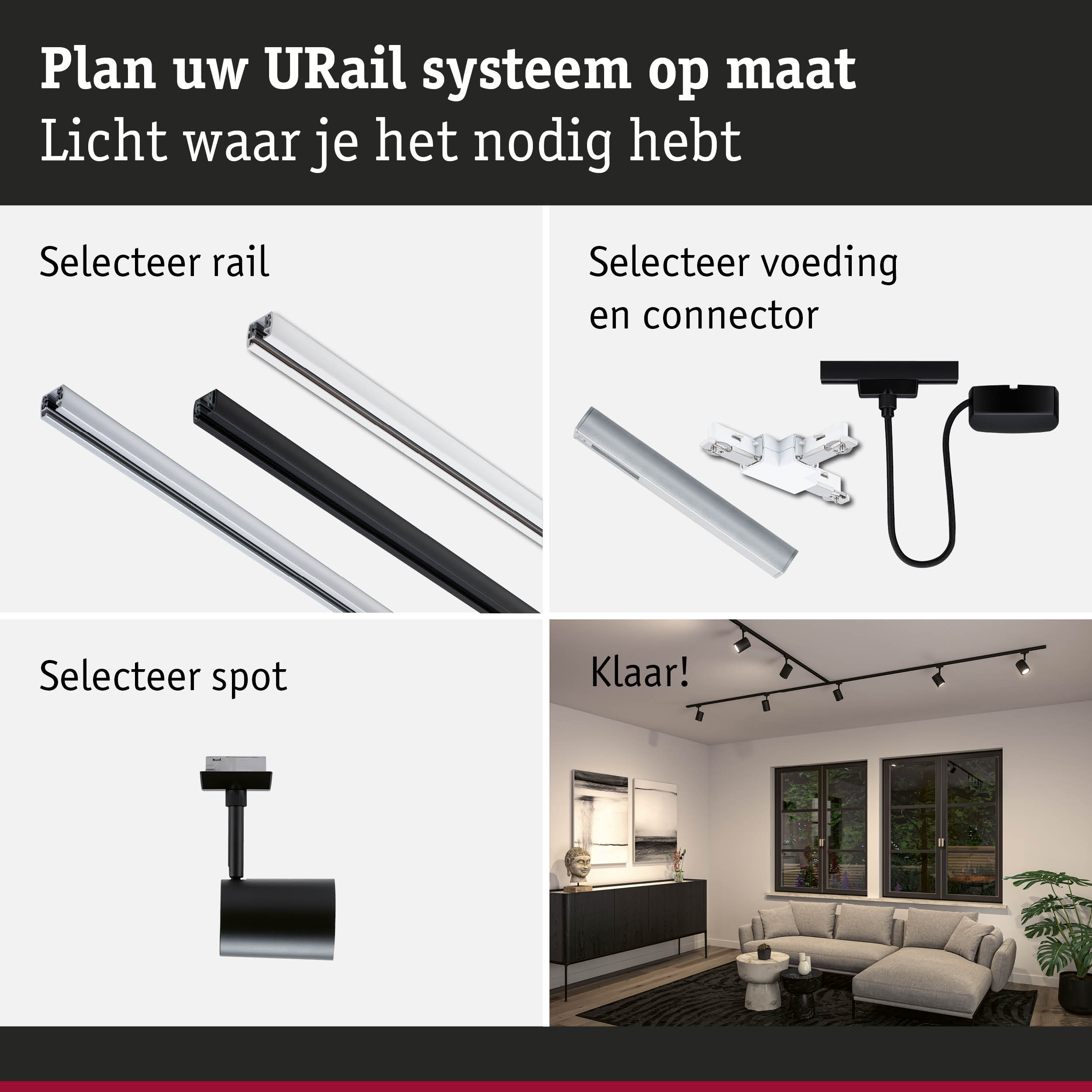 Modulair URail railsysteem met zwarte en witte rails, connectoren en spots voor flexibele verlichting