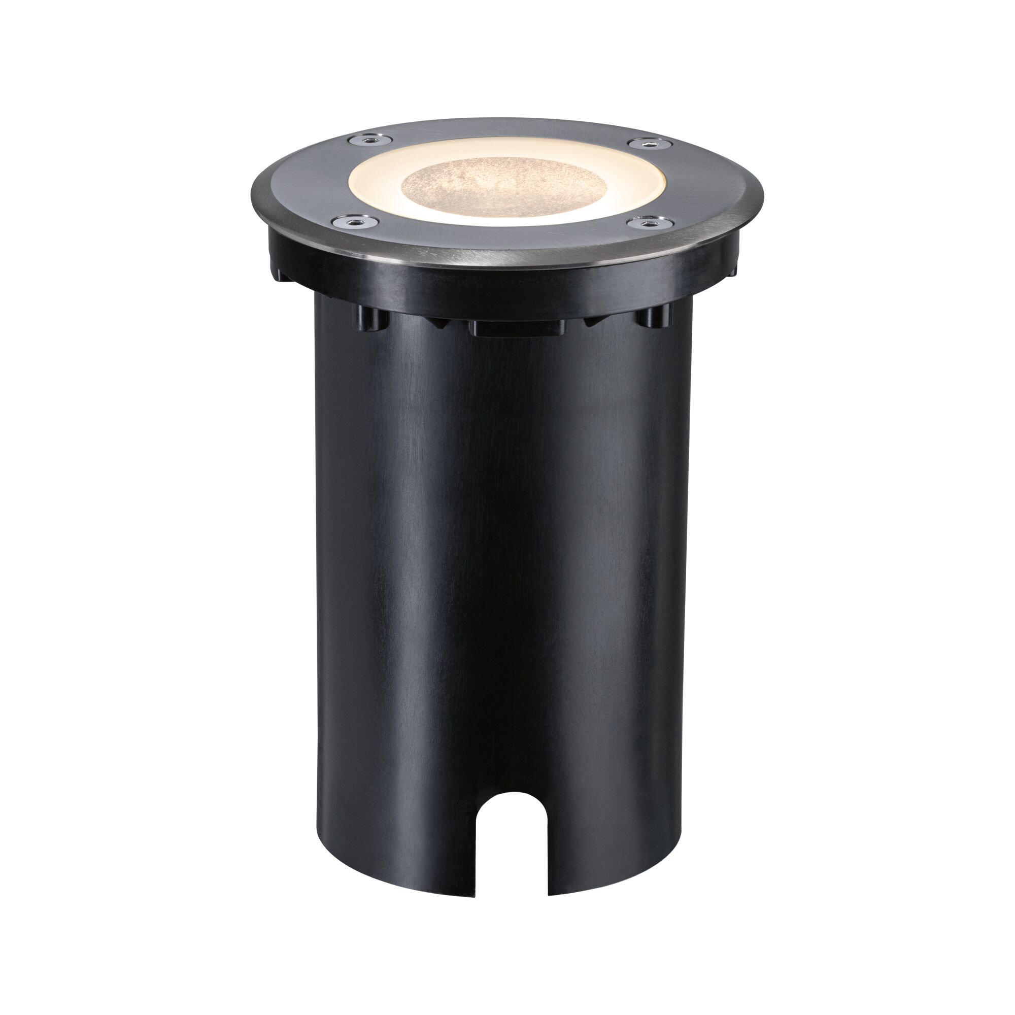 Ronde inbouwvloerspot van zwart metaal met warm wit LED-licht voor buitengebruik