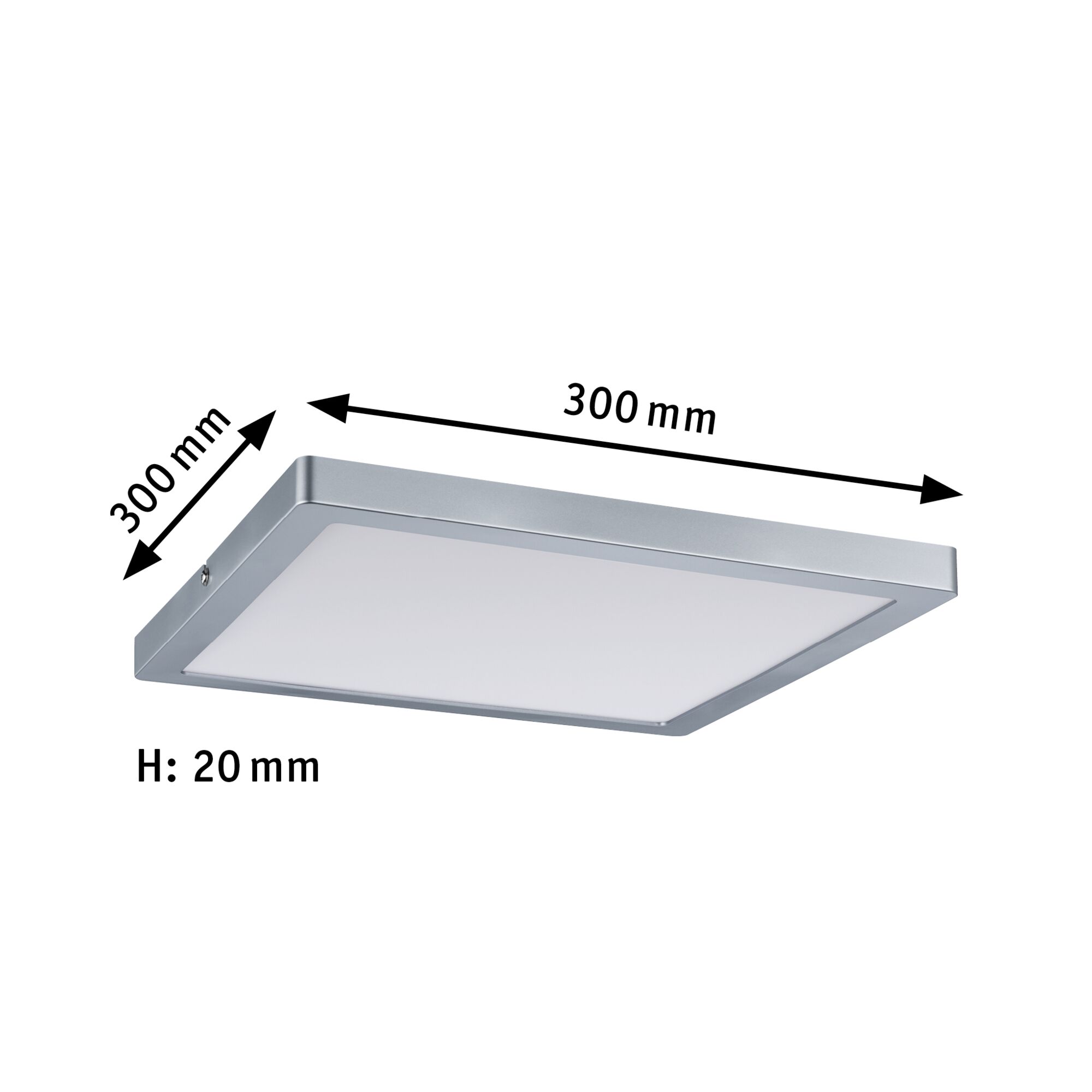 Quadratische LED-Deckenleuchte aus Aluminium in Silber mit 300x300 mm und 20 mm Höhe